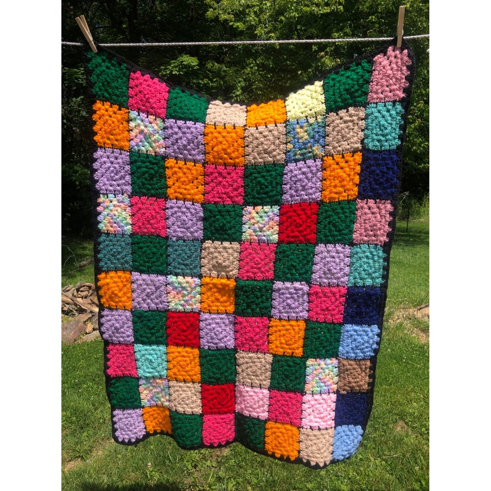 Vtg Handmade Crochet Granny Square Blanket Multicolor Patchwork Boho Throw 3x4